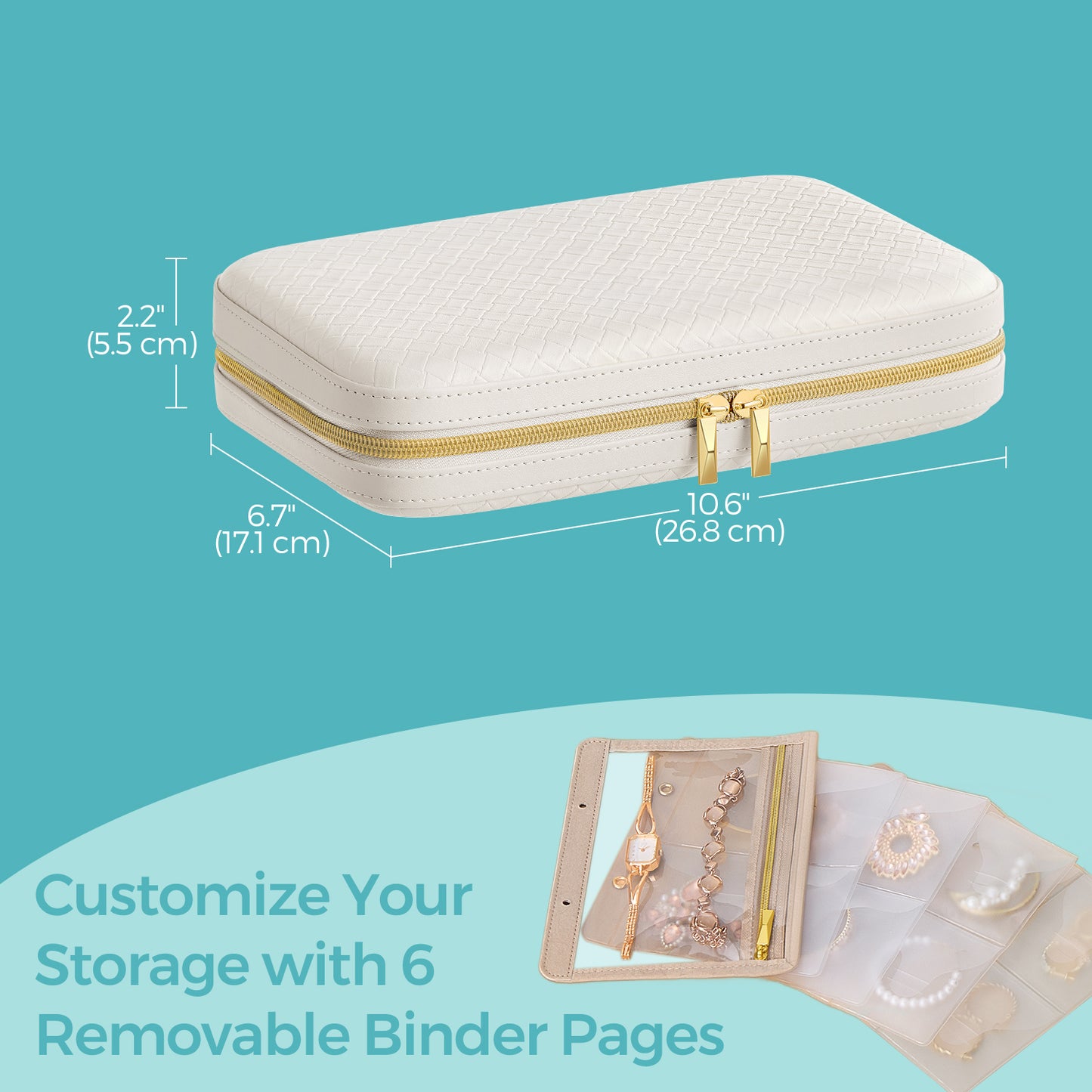 Luxury Hard Shell Jewelry Case with 6 Binder Pages & Mirror, Woven PU Leather Travel Organizer with Velvet Pouch, Cloud White