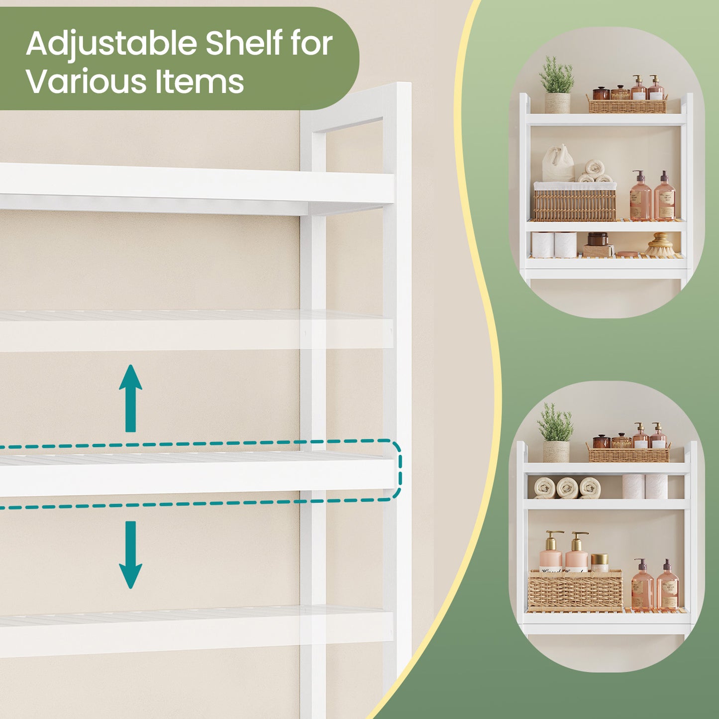 3-Tier Over-The-Toilet Bathroom Shelf Organizer with Adjustable Middle Shelf, 4 Hooks & TP Holder, Space-Saving Design, Fits Most Toilets, Cloud White