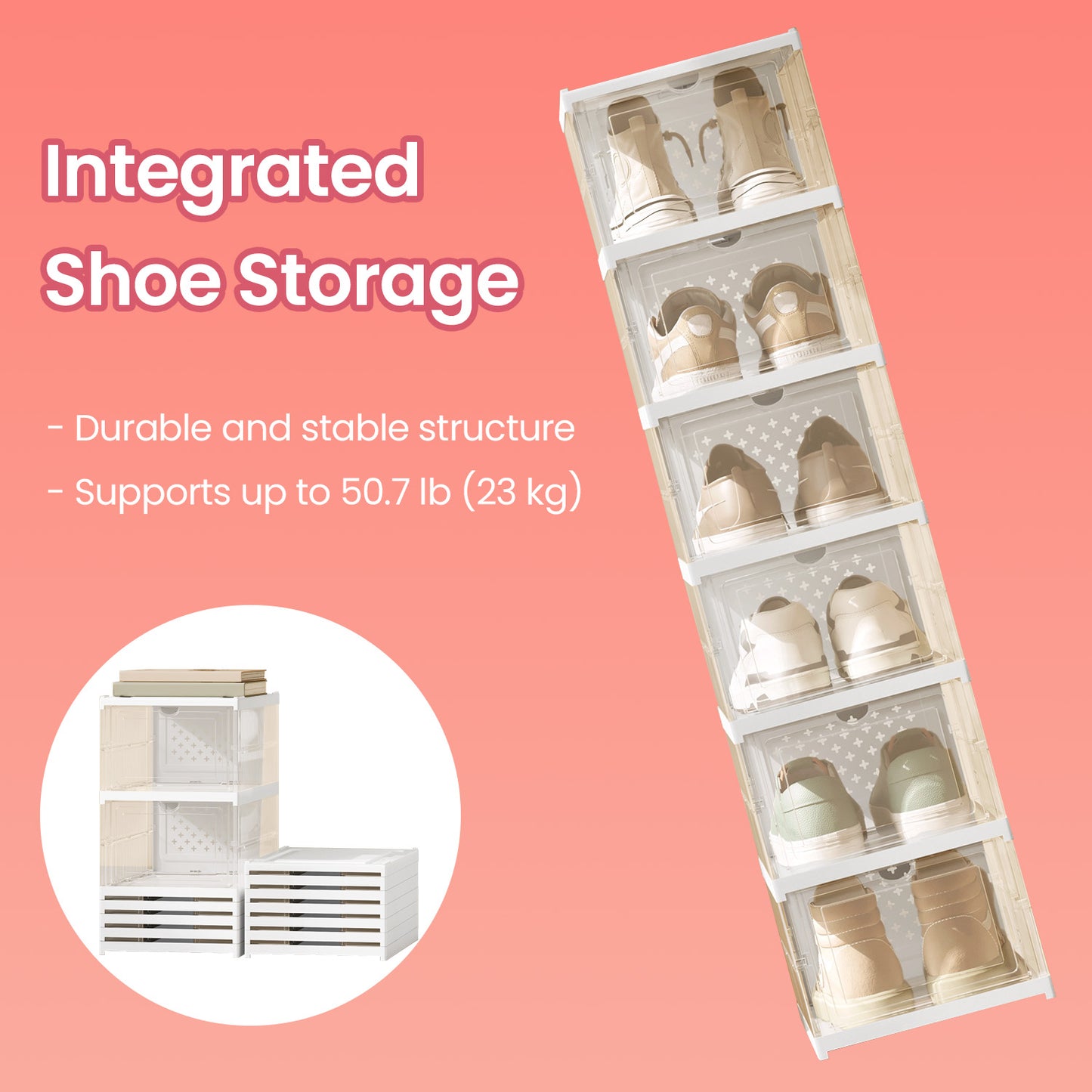 Foldable Shoe Storage Boxes - Pack of 12 Stackable Organizers with Clear Doors, Ventilated Design for US Size 13, Transparent and Cloud White