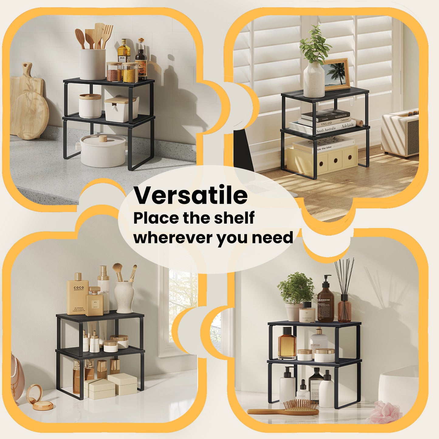 2-Tier Stackable Kitchen Shelf Organizer – Adjustable Countertop Storage for Spices, Utensils & Cookbooks，Expandable Metal，Wood Design， Black