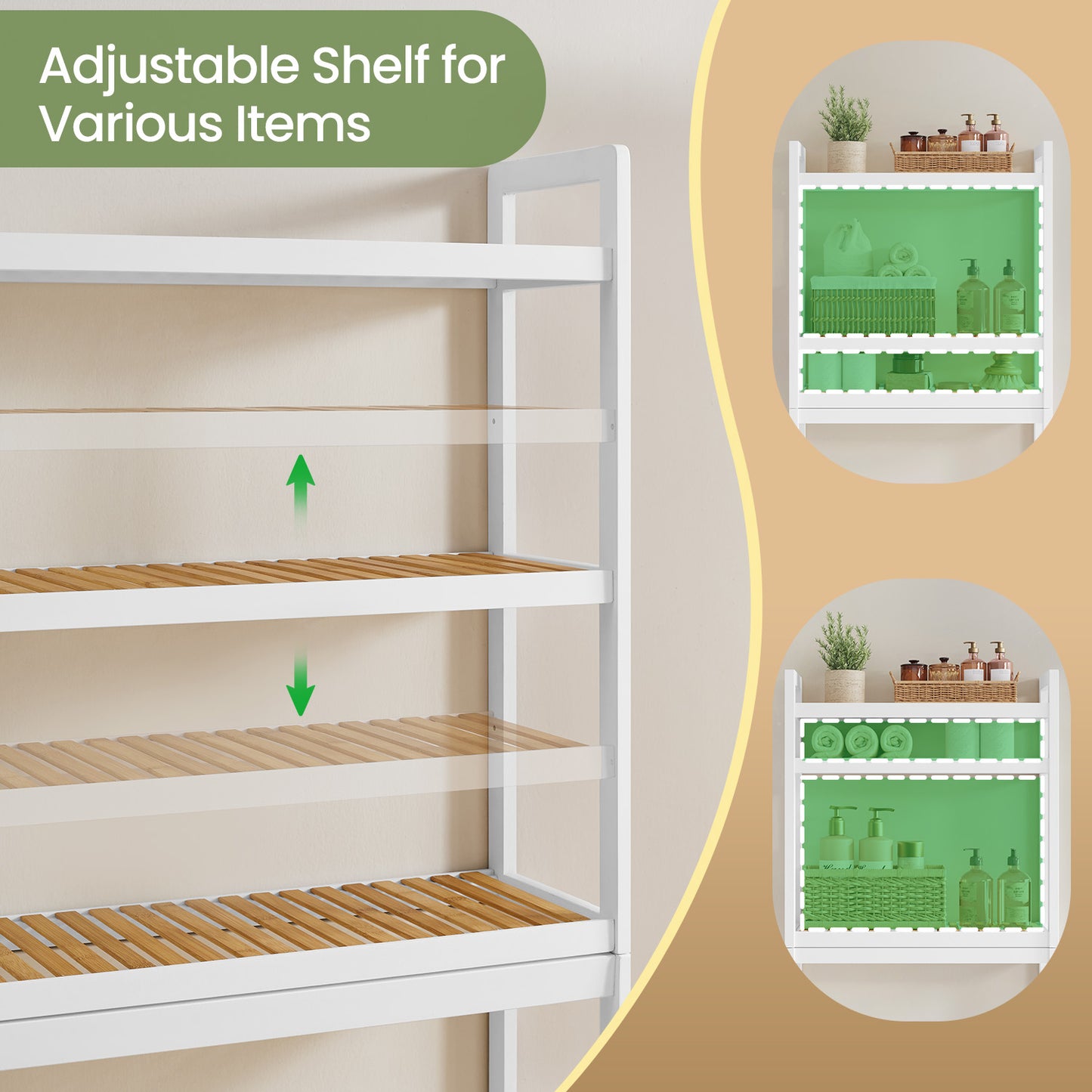 3-Tier Over-The-Toilet Shelf Organizer, Adjustable Bamboo Storage with Hooks & TP Holder, Space-Saving Design for Bathroom, Cloud White , Natural Beige