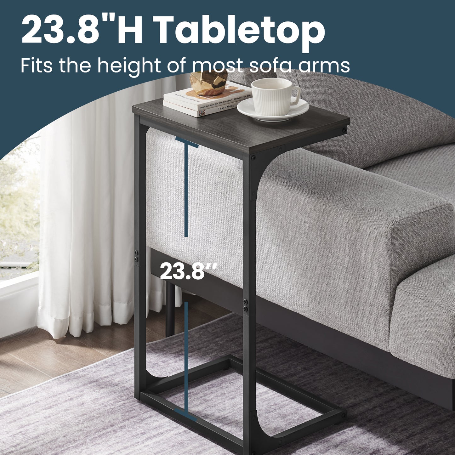 C-Shaped End Table - Sofa Side Table with Metal Frame, Space-Saving Design, 26.3" Height, Ebonized Oak and Black