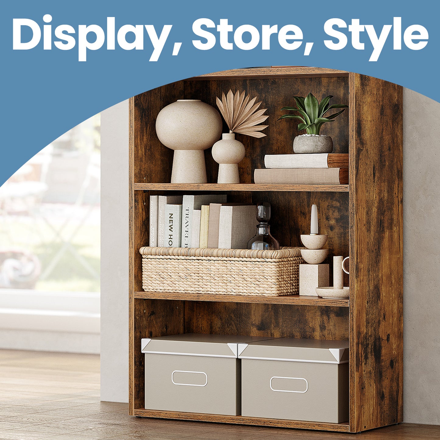 3-Tier Adjustable Bookcase, Open Shelf Organizer, 32" Storage Unit for Home, Office, 22lb Capacity per Shelf, Rustic Brown