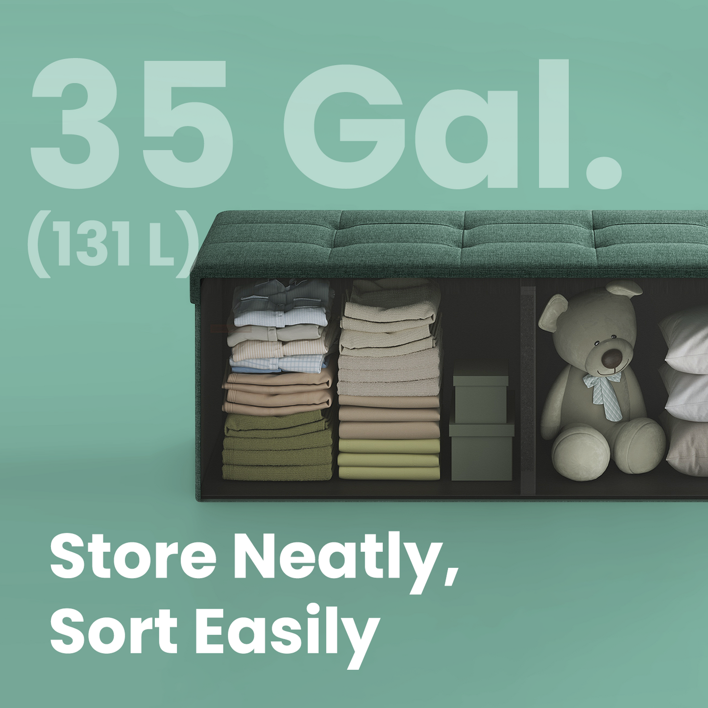 43" Foldable Storage Ottoman Bench, 660 lb Capacity, Tufted Linen-Look, Multi-Functional Footrest，Seat，End-of-Bed Chest, Quick Assembly, Retro Green