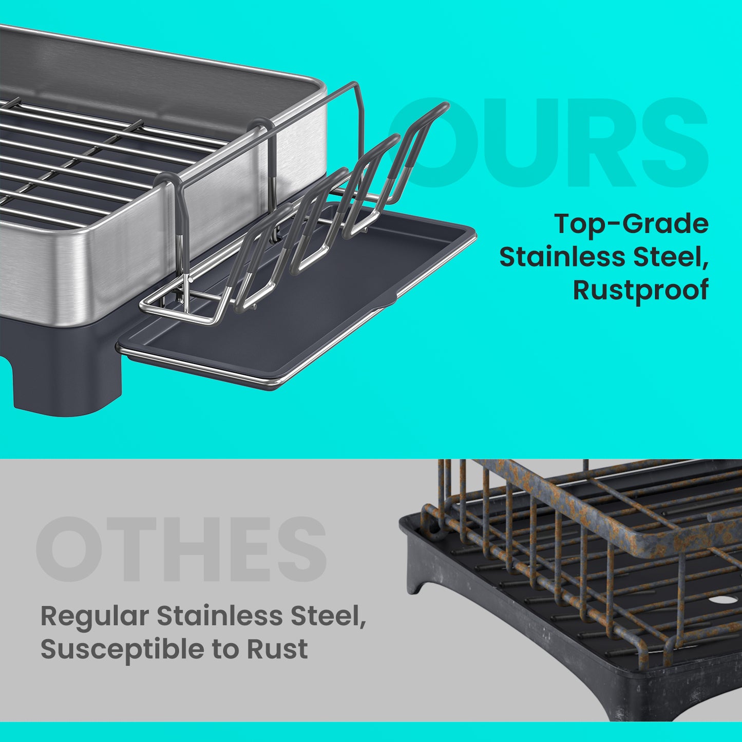 Extra Large Dish Drying Rack - Stainless Steel with 360° Drain Spout, Holds 9 Plates & Utensils, Fingerprint-Proof, Silver and Gray