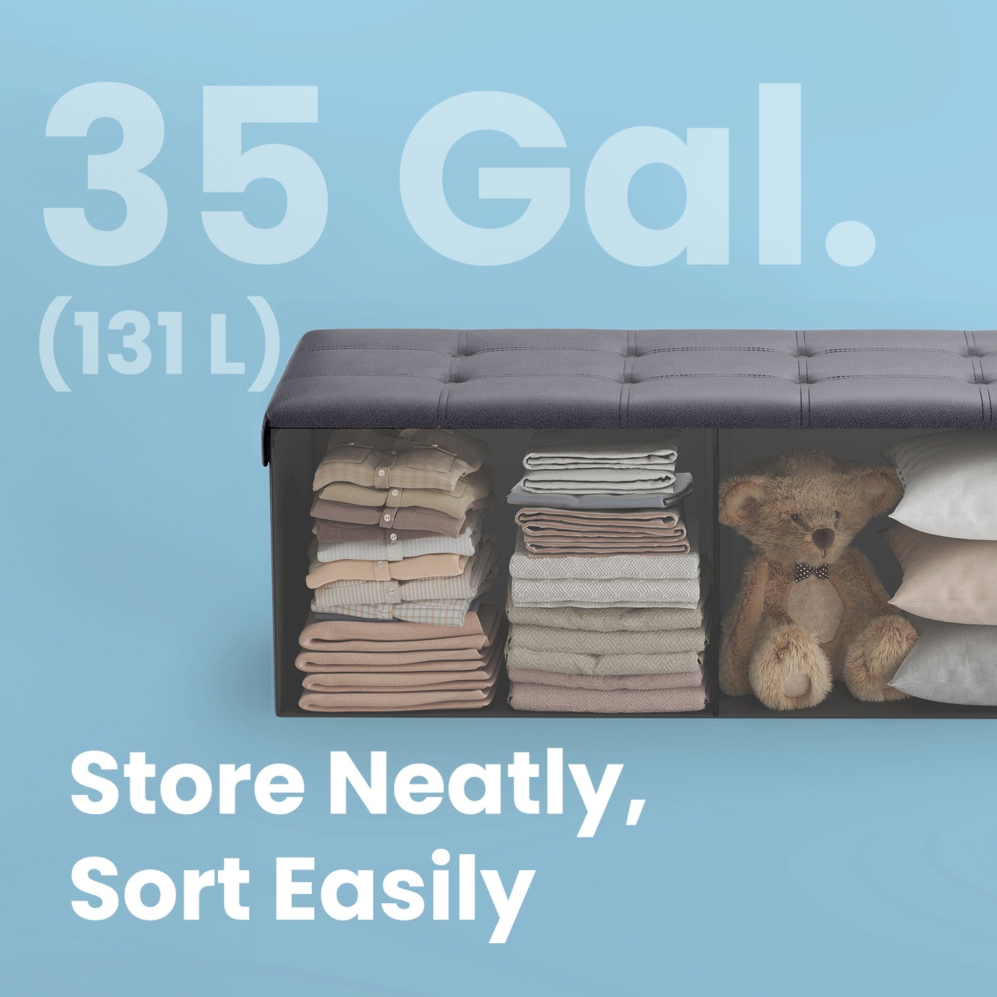 Collection Storage Ottoman - 43" Multi-Functional Bench, 660lb Capacity, 35-Gallon Storage, Synthetic Leather, Dark Gray