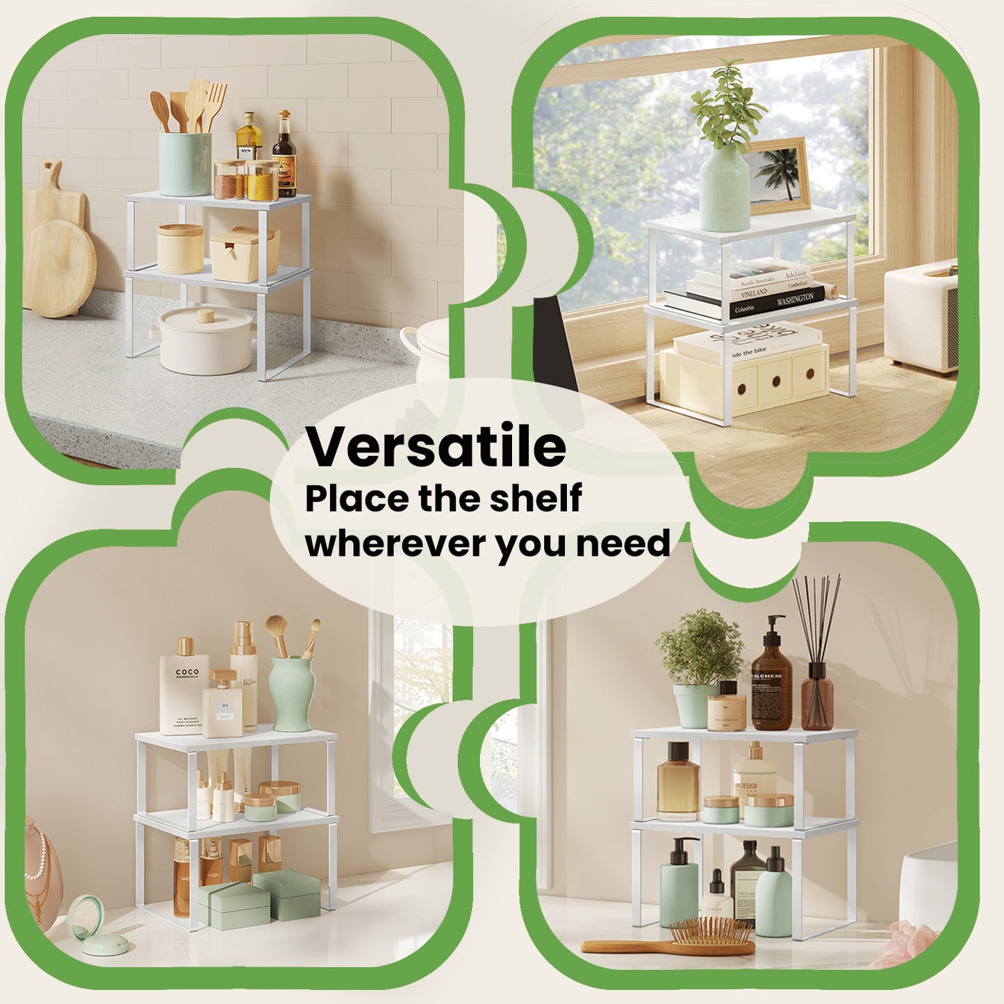 Kitchen Cabinet Organizer Shelf Set, 2-Tier Stackable & Expandable Storage Rack, Countertop Spice Holder, for Pantry，Bathroom，Office, White
