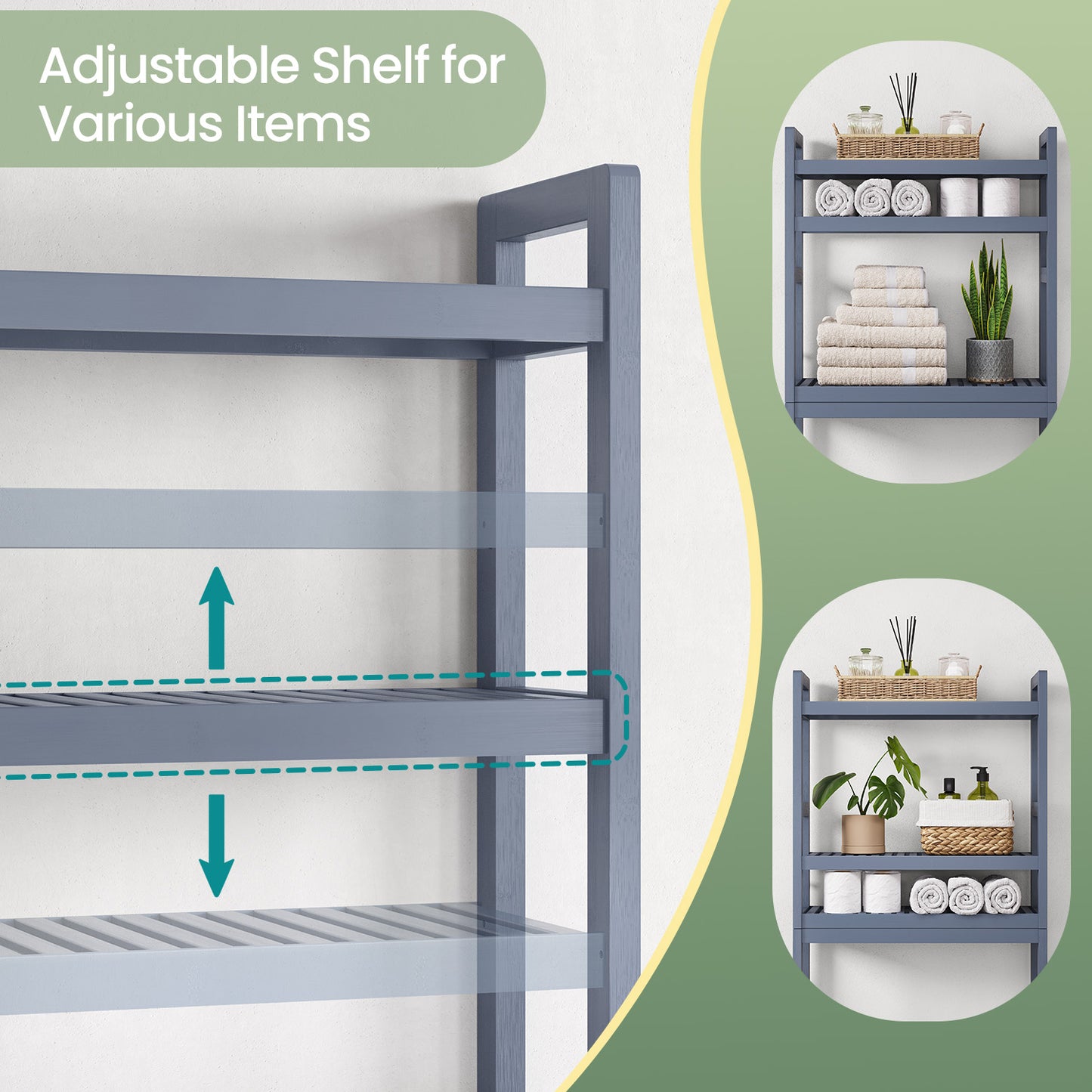 3-Tier Over-The-Toilet Storage Shelf with Adjustable Middle Tier, 4 Hooks & TP Holder,Space-Saving Bamboo Organizer for Bathroom, Gray