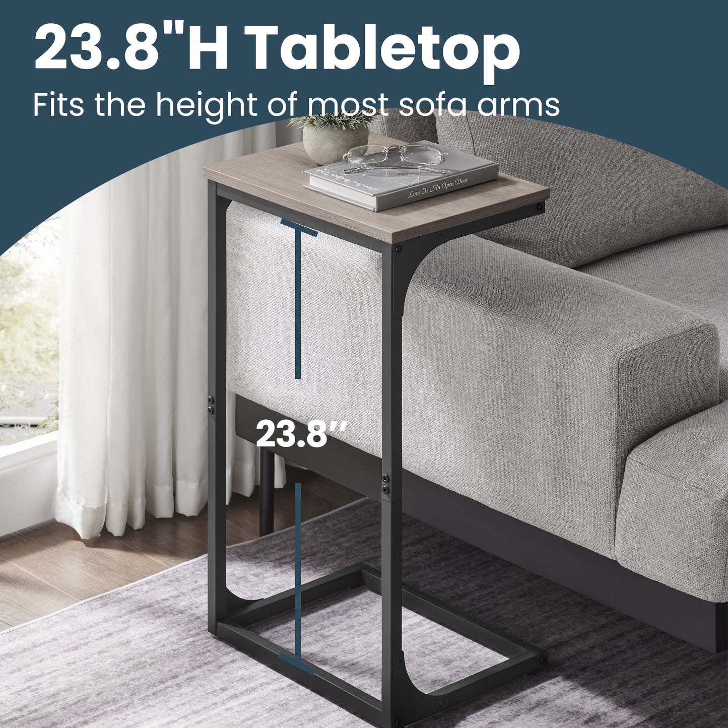 C-Shaped End Table - Sofa Side Table with Metal Frame, Space-Saving Design, 26.3" Height, Greige and Black