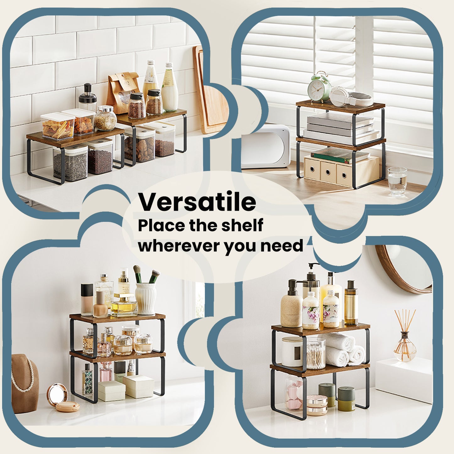 2-Tier Stackable Kitchen Cabinet Organizer Shelf, Adjustable & Expandable Storage Rack for Spices, Utensils, Books，Metal & Wood, Black，Brown