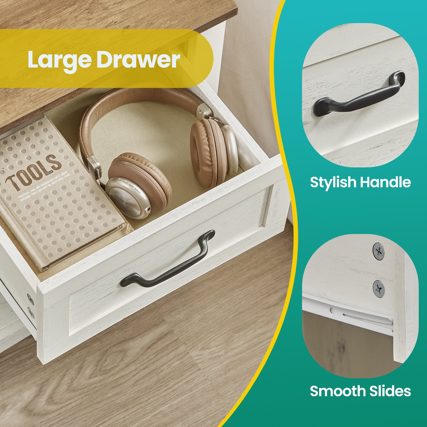 Farmhouse Nightstand Set of 2 - Rustic White Bedside Tables with Charging Station, Drawer & Open Shelf, Rustic White and Honey Brown