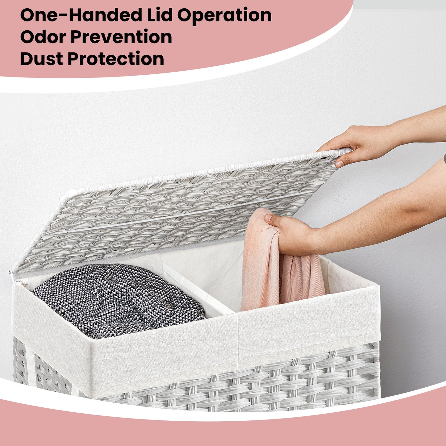 Double Laundry Hamper with Lid - 110L Capacity, 2 Removable Washable Liners & 6 Mesh Bags, Steel Frame & Breathable Rattan, 2-Section Sorting for Laundry Room, White