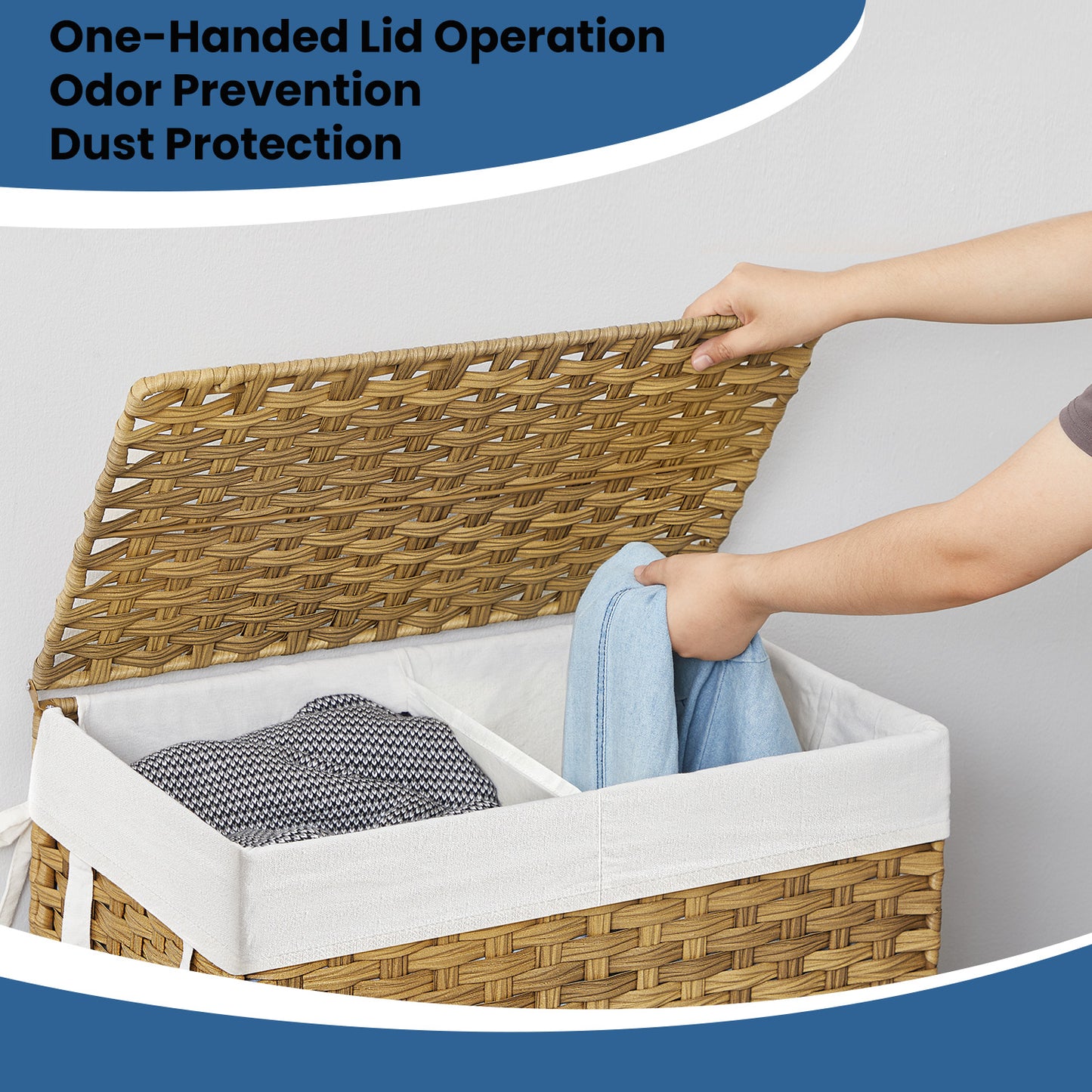 Double-Section Laundry Hamper with Lid & 6 Mesh Bags – 110L Capacity, Removable Washable Liners, Sturdy Steel Frame & Rattan for Bathroom，Home – Natural