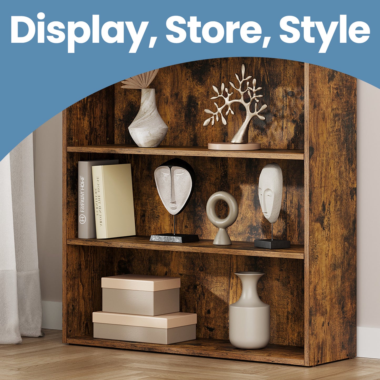 3-Tier Adjustable Bookshelf, Open Storage Shelf with Anti-Tip Kit, Space-Saving Design for Living Room, Office, Rustic Brown