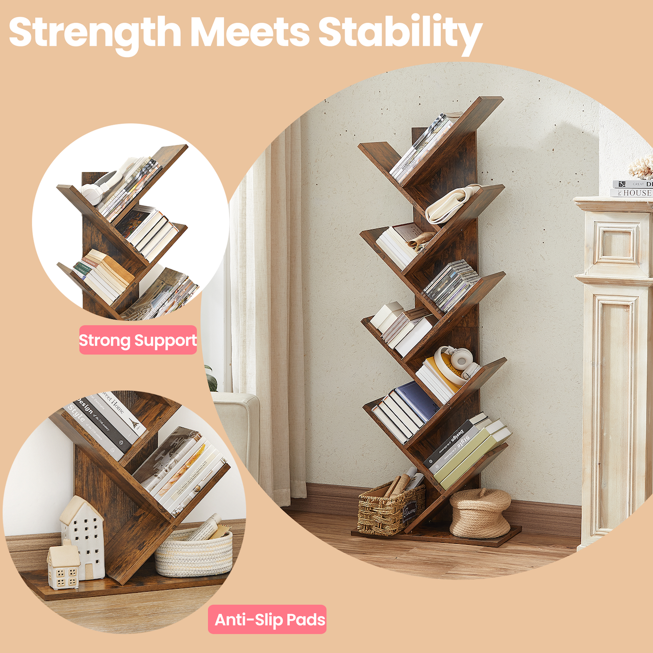 9-Tier Tree Bookshelf, Corner Bookcase with Anti-Tip Kit, Space-Saving Design, Holds 22lb/Layer, for Books, CDs, Toys, Rustic Brown