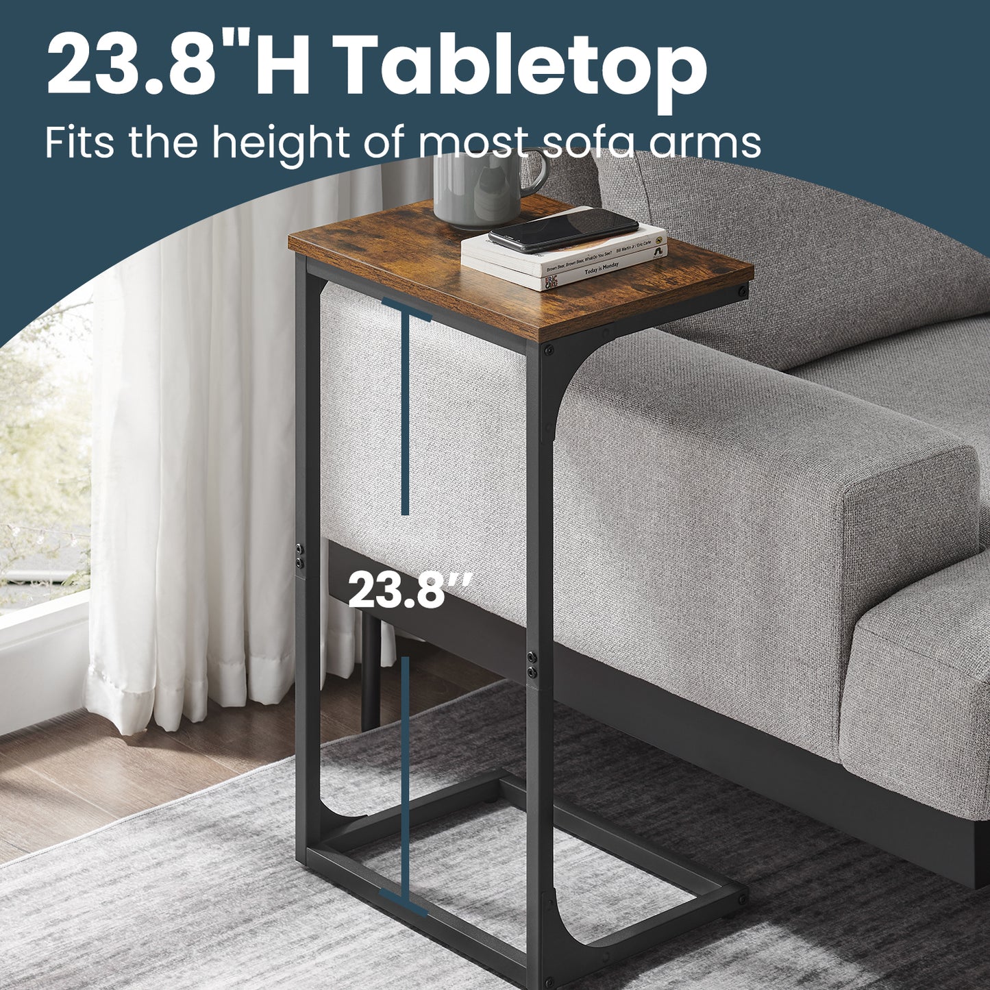 C-Shaped End Table - Sofa Side Table with Metal Frame, Space-Saving Design, 26.3" Height, Rustic Brown and Black