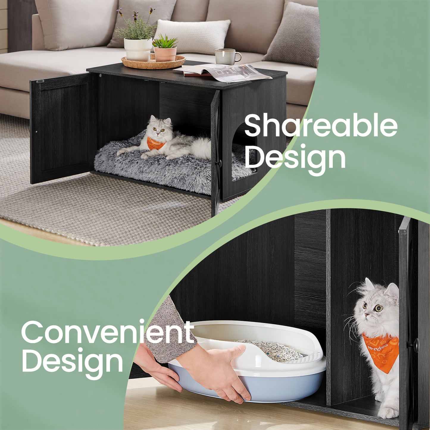 Cat Litter Box Furniture Enclosure, Hidden Washroom with Removable Divider & Barn Doors, Multi-Functional End Table for Indoor Cats, 31.5" x 20.9" x 19.7", Ink Black