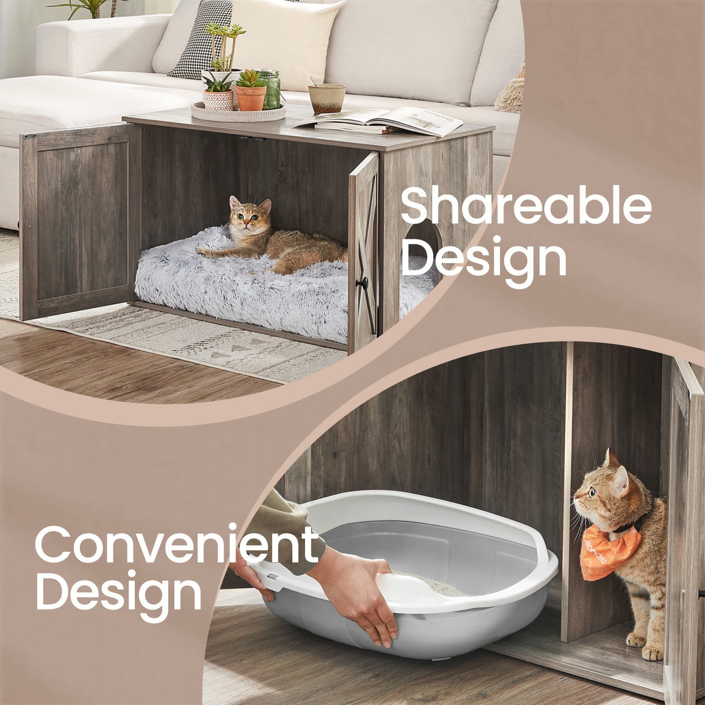 Cat Litter Box Furniture - Hidden Enclosure with Barn Doors & Removable Divider, Multi-Functional End Table for Indoor Cats, 31.5" x 20.9" x 19.7", Greige