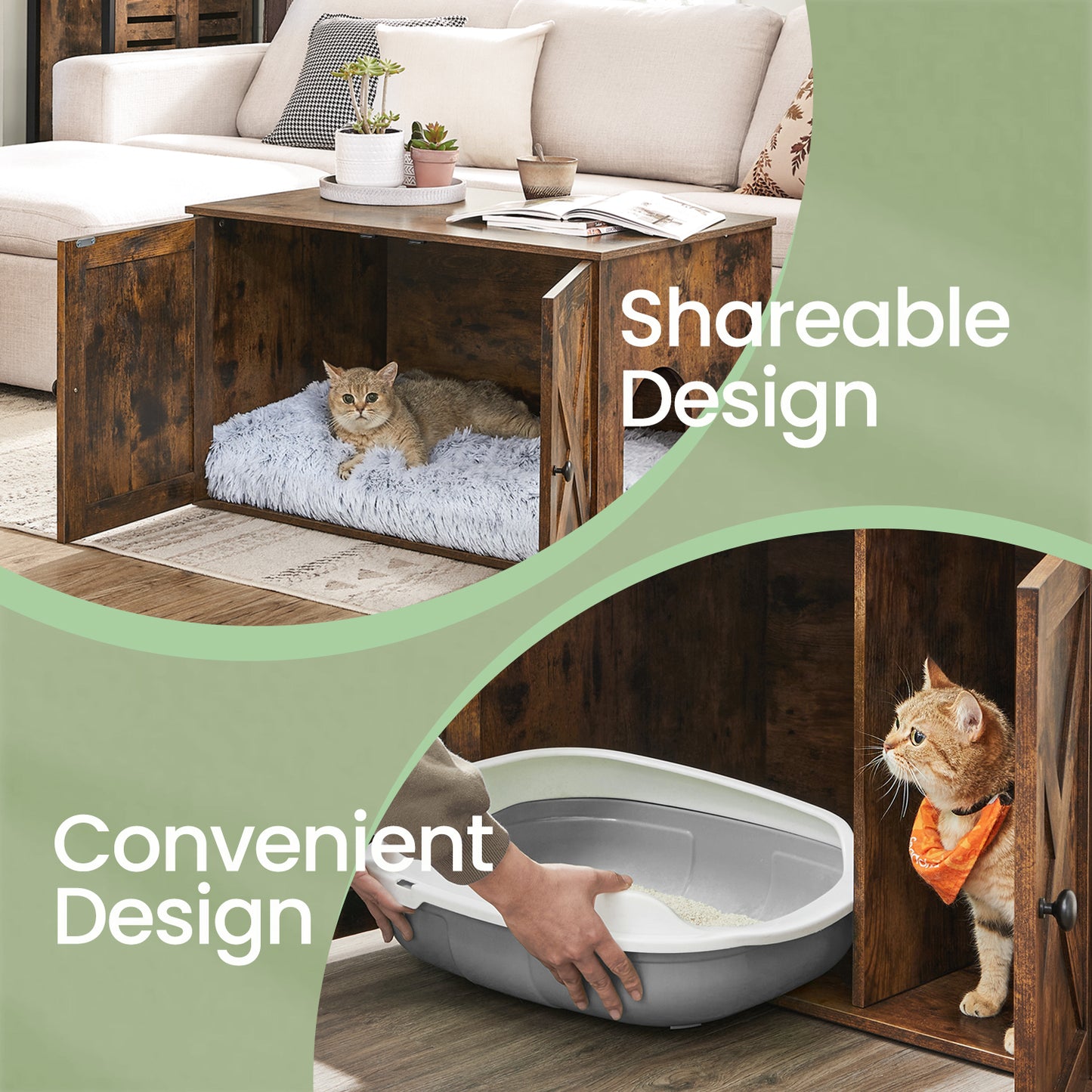 Cat Litter Box Furniture Enclosure with Barn Doors & Adjustable Space, Multi-Functional End Table for Indoor Cats, 31.5x20.9x19.7in, Rustic Brown