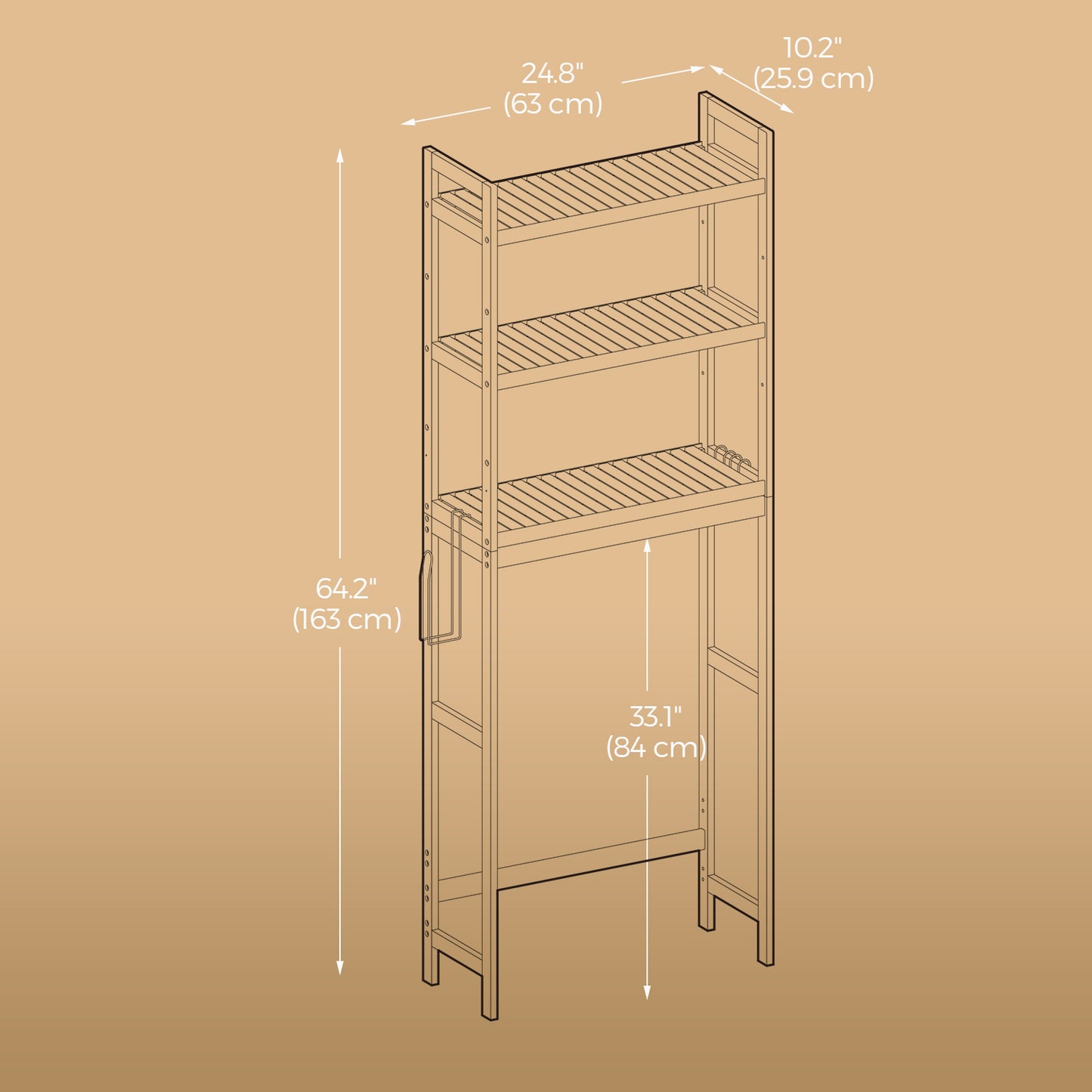 3-Tier Over-The-Toilet Shelf Organizer, Adjustable Bamboo Storage with Hooks & TP Holder, Space-Saving Design for Bathroom, Cloud White , Natural Beige