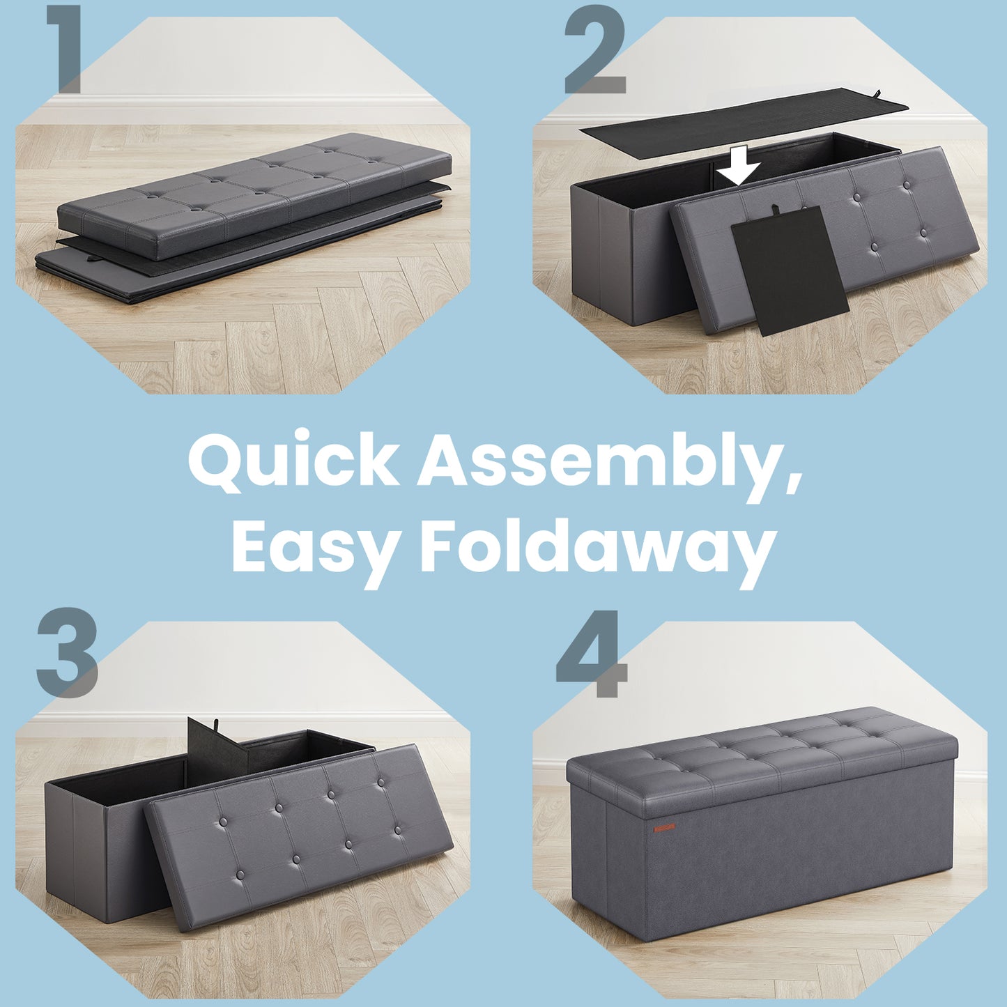 Collection Storage Ottoman - 43" Multi-Functional Bench, 660lb Capacity, 35-Gallon Storage, Synthetic Leather, Dark Gray