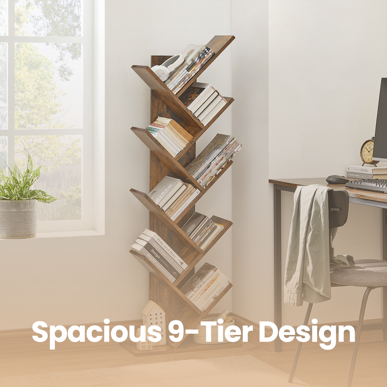 9-Tier Tree Bookshelf, Corner Bookcase with Anti-Tip Kit, Space-Saving Design, Holds 22lb/Layer, for Books, CDs, Toys, Rustic Brown