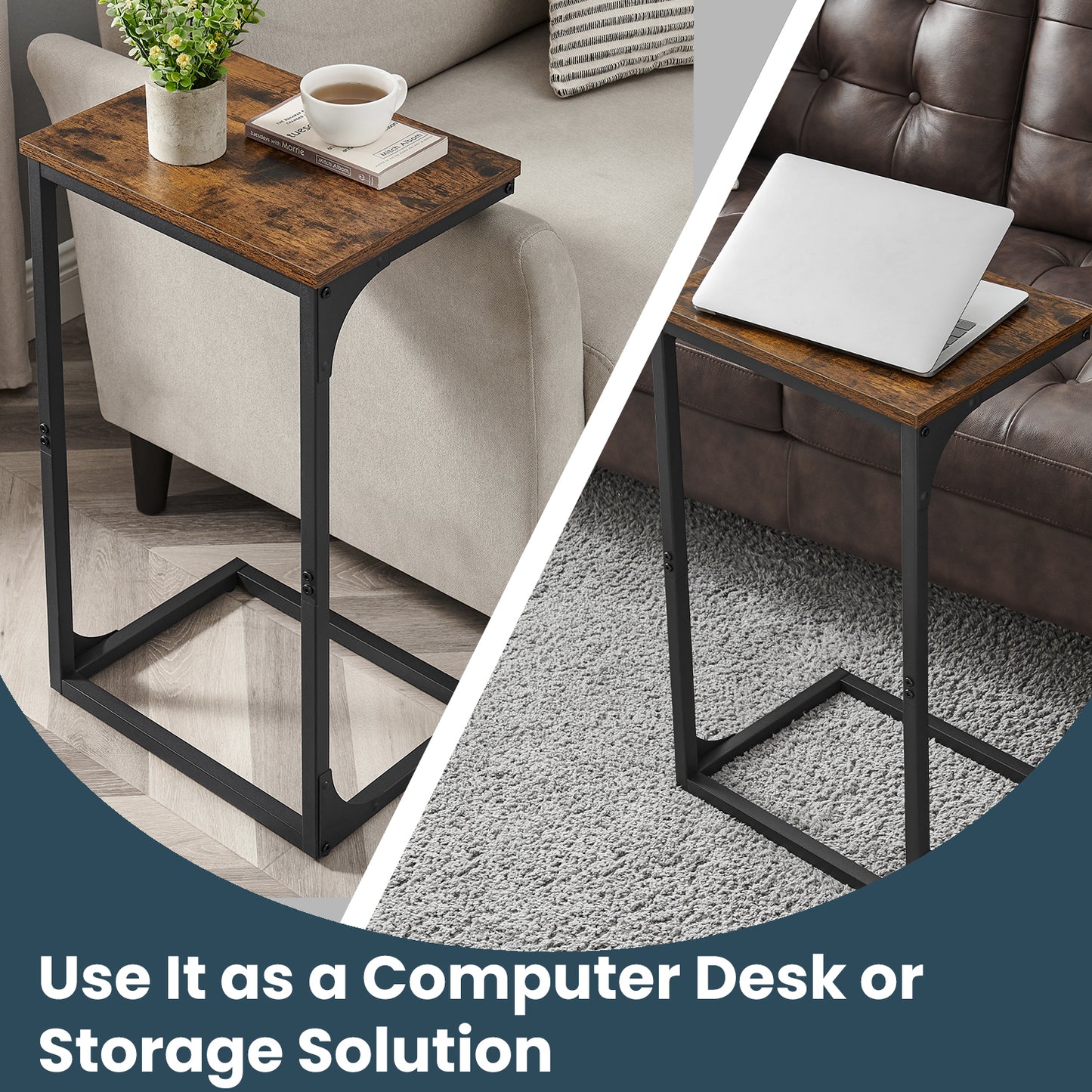 C-Shaped End Table - Sofa Side Table with Metal Frame, Space-Saving Design, 26.3" Height, Rustic Brown and Black