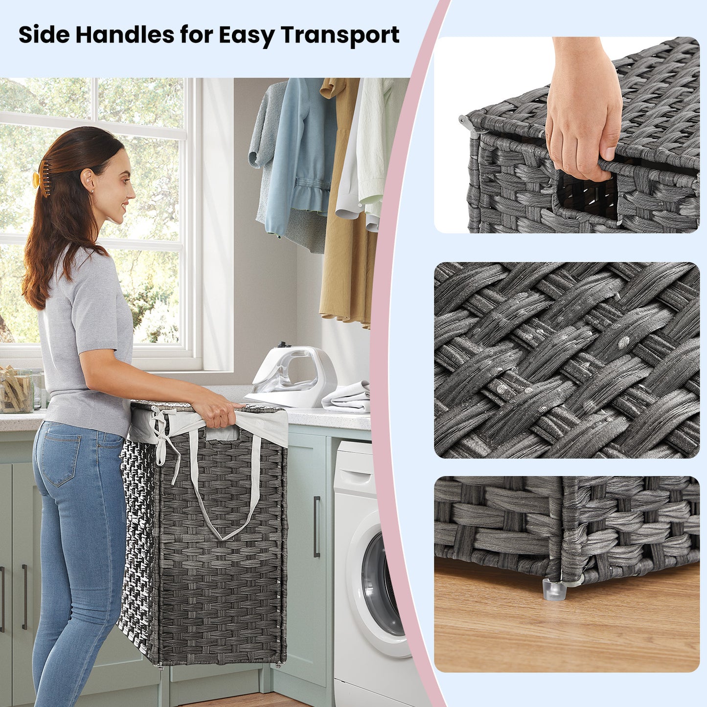 Double Laundry Hamper with Lid, 110L Capacity, 2 Removable Washable Liners & 6 Mesh Bags, Steel Frame & Wicker Design for Bathroom, Bedroom, Darks & Whites Sorting, Gray