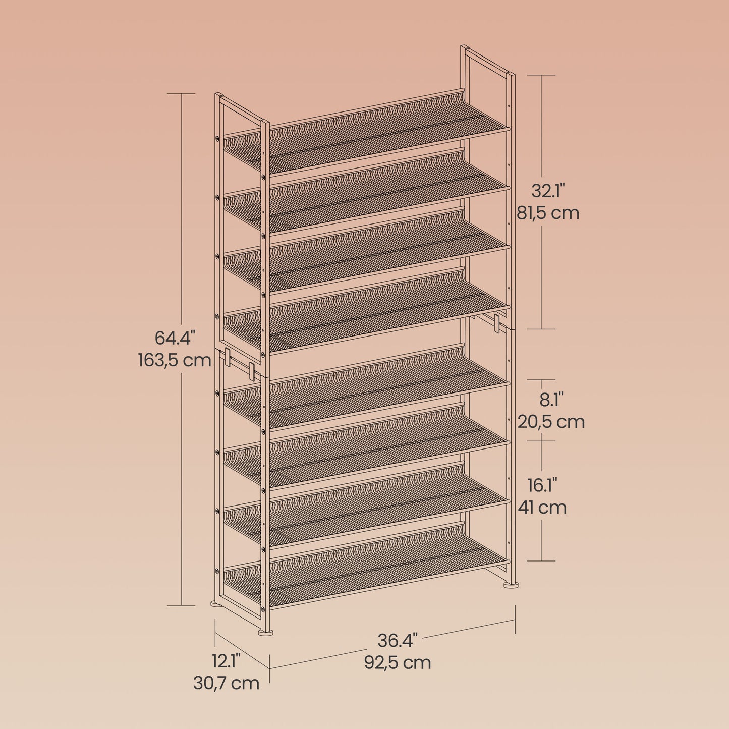 8-Tier Shoe Rack Organizer, Stackable & Adjustable Shelves (Flat，Angled), Metal Frame, Holds 32-40 Pairs, Convertible to 2x 4-Tier, Bronze