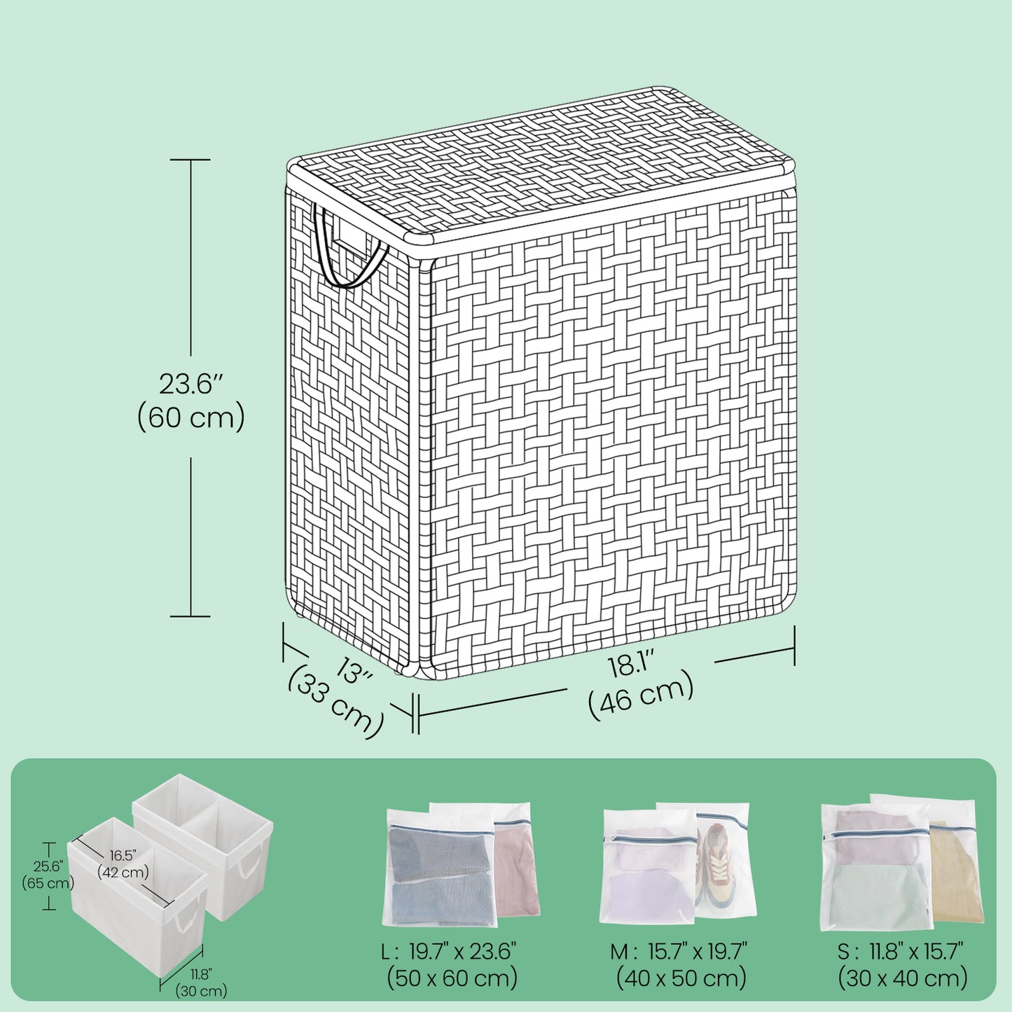 Double Compartment Laundry Hamper with Lid - 90L Capacity, 2 Removable Washable Liners, 6 Mesh Bags, Steel Frame & Wicker,  Design for Bathroom Storage, Gray