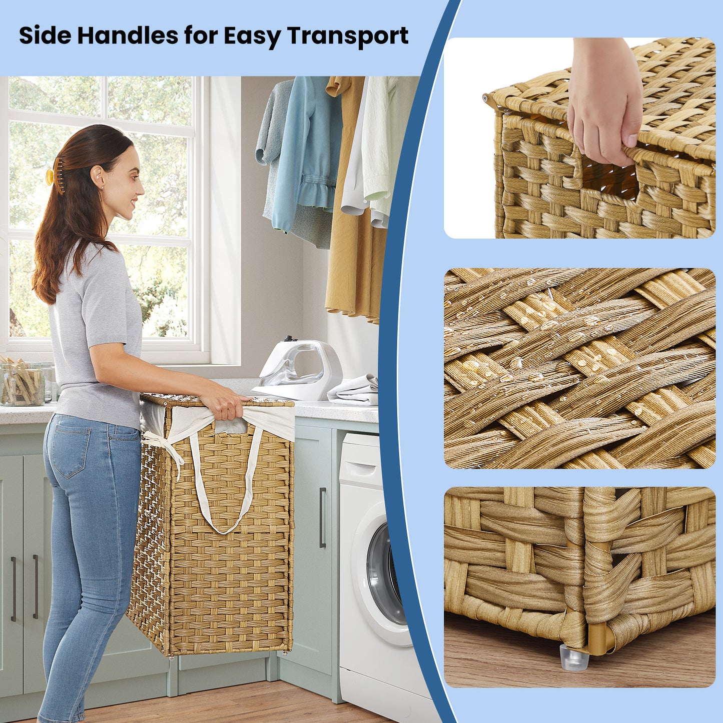 Double-Section Laundry Hamper with Lid & 6 Mesh Bags – 110L Capacity, Removable Washable Liners, Sturdy Steel Frame & Rattan for Bathroom，Home – Natural