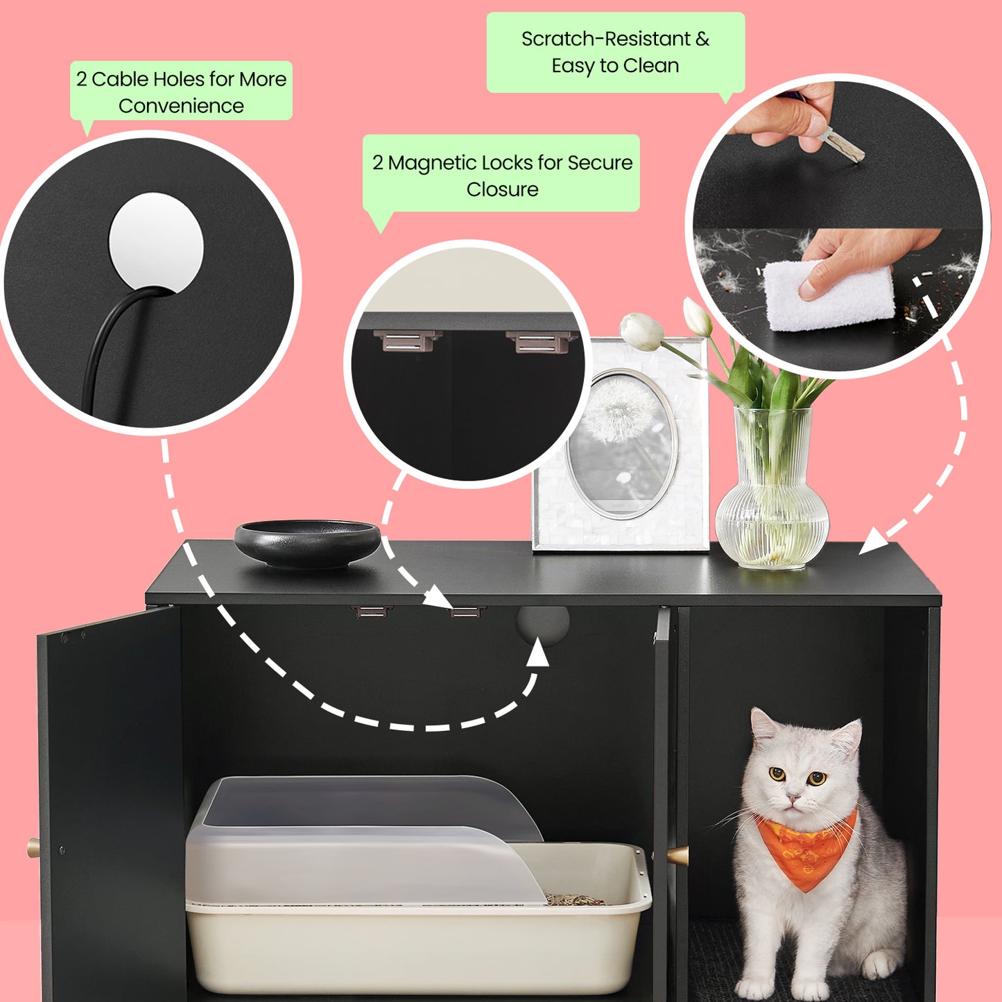 Modern Cat Litter Box Furniture - Hidden Enclosure with Scratching Mat, Dual Doors, Side Table Function, Black and Gold