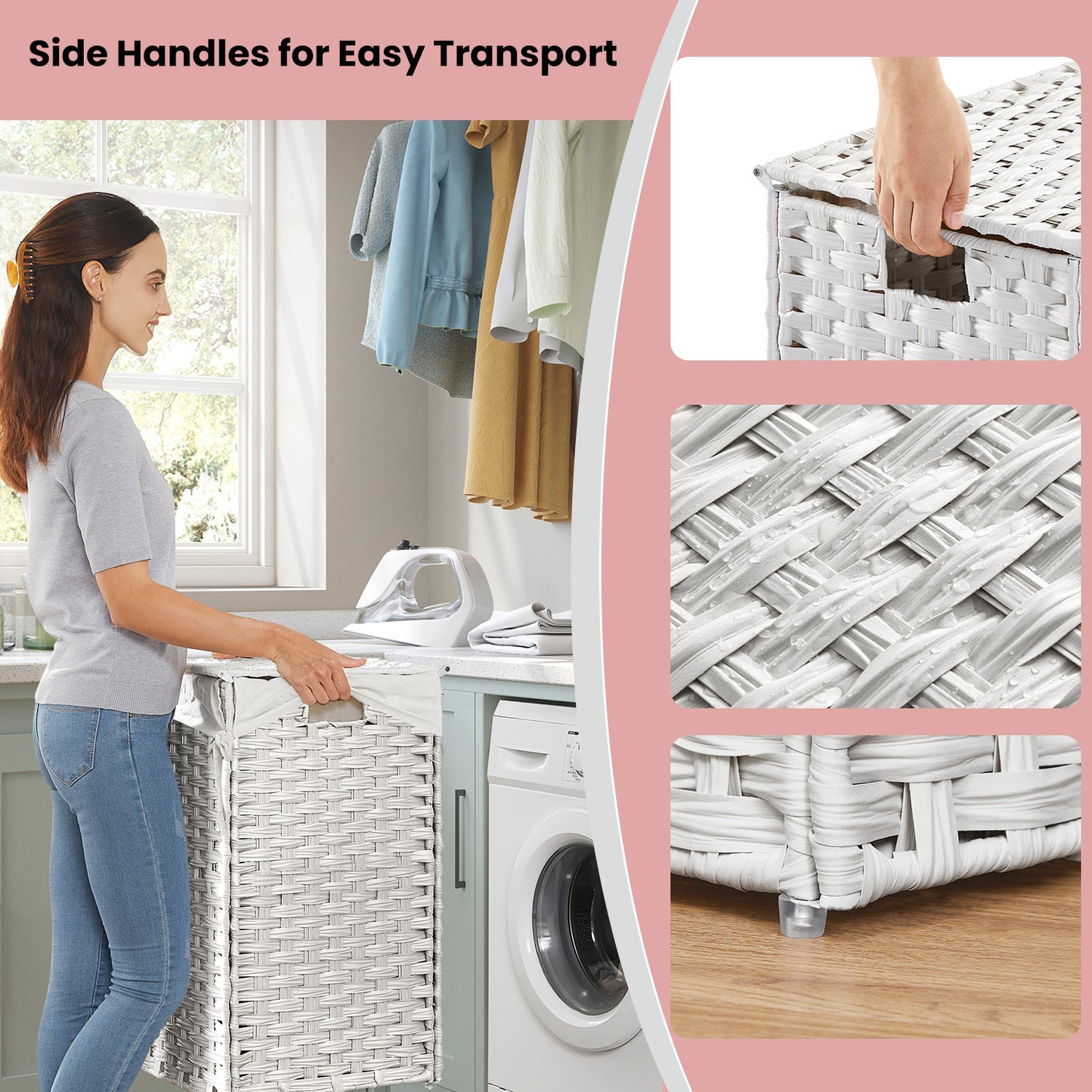Double Laundry Hamper with Lid - 110L Capacity, 2 Removable Washable Liners & 6 Mesh Bags, Steel Frame & Breathable Rattan, 2-Section Sorting for Laundry Room, White