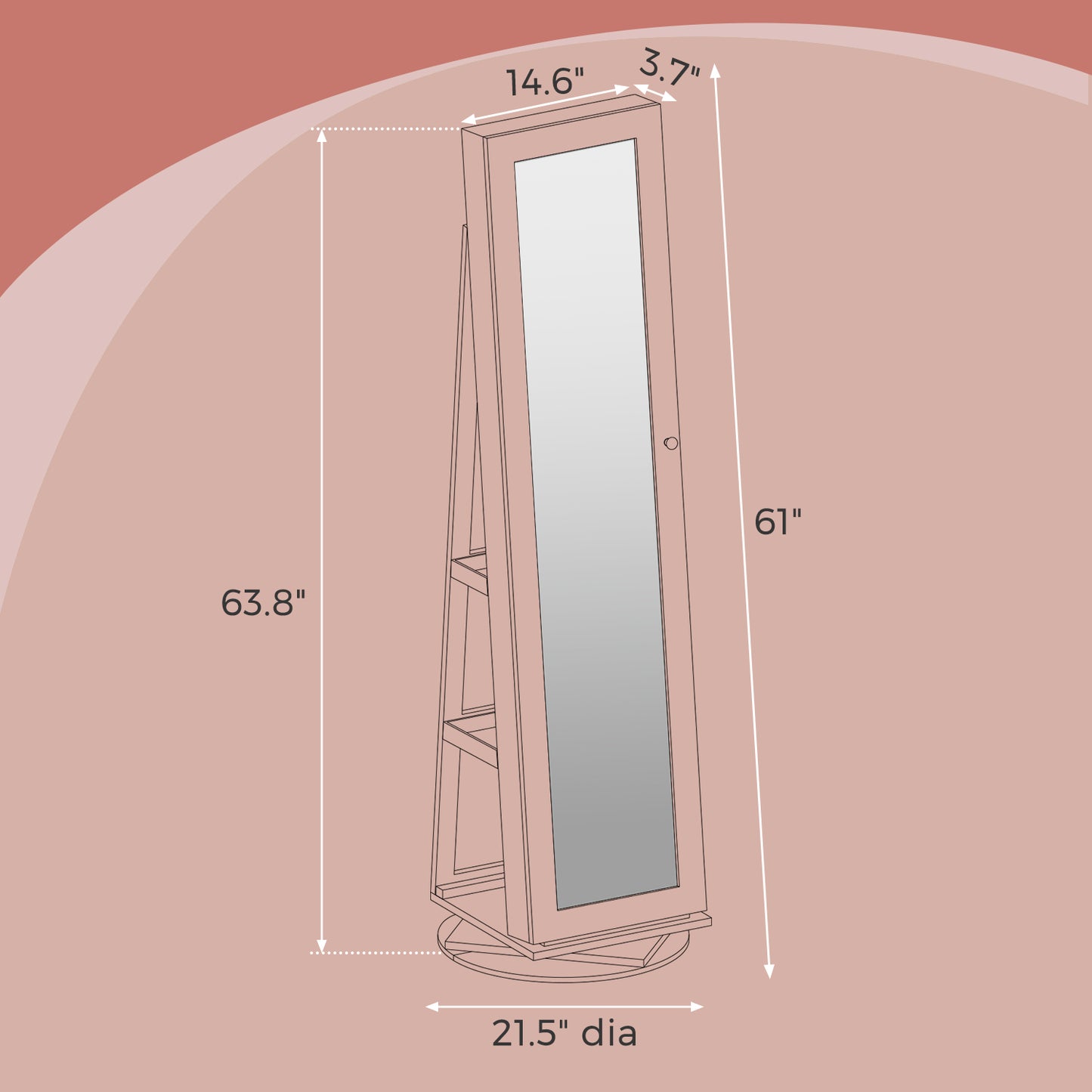360° Swivel Lockable Jewelry Armoire with Full-Length Mirror, 120 Earring Slots, 12 Necklace Hooks, 78 Ring Slots, Rear Shelves & Interior Mirror，White