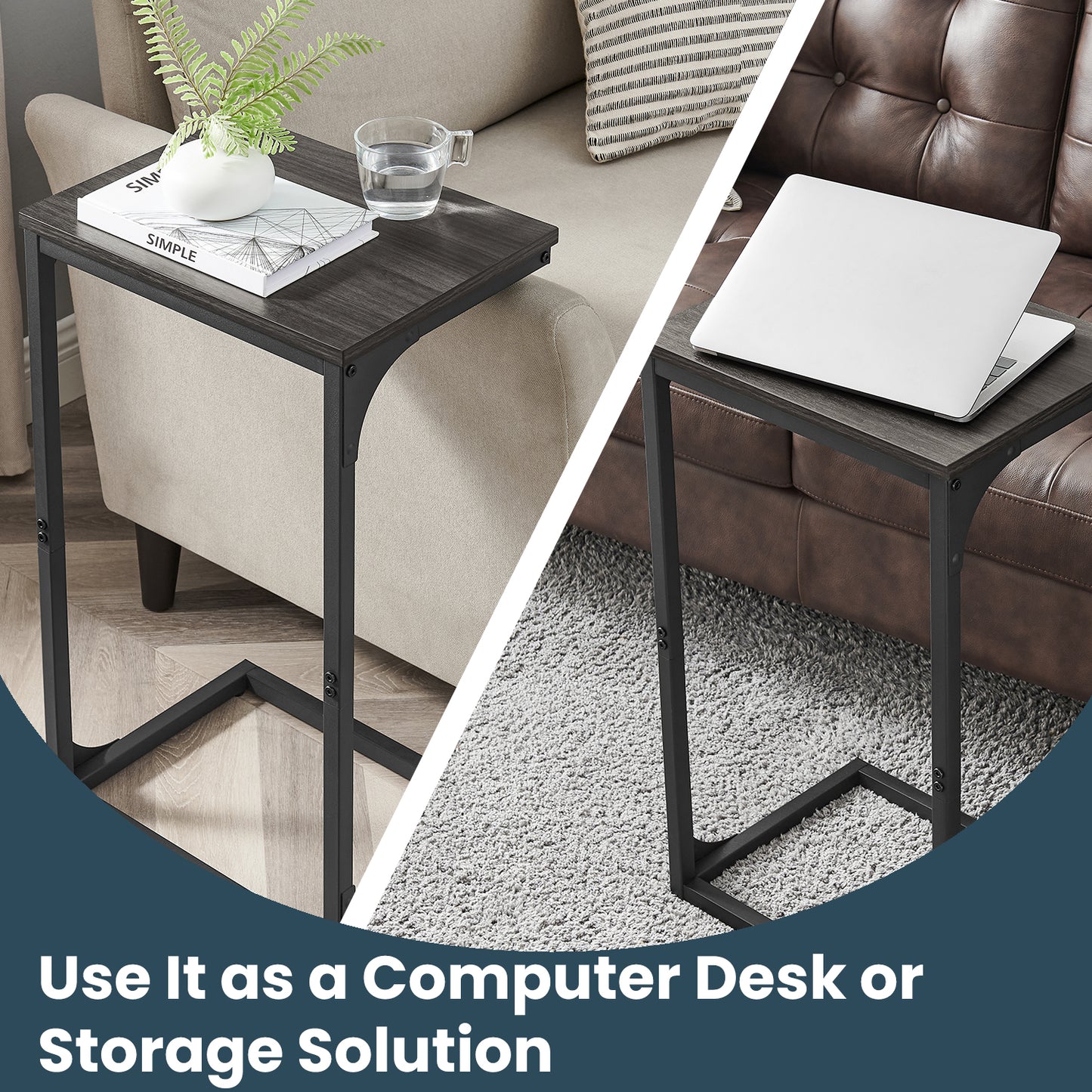 C-Shaped End Table - Sofa Side Table with Metal Frame, Space-Saving Design, 26.3" Height, Ebonized Oak and Black