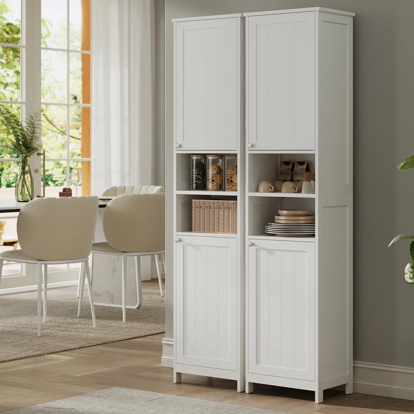 Freestanding Bathroom Storage Cabinet with Door-Activated Lights, Adjustable Shelves, Space-Saving Design, Left/Right Door Options, Cloud White