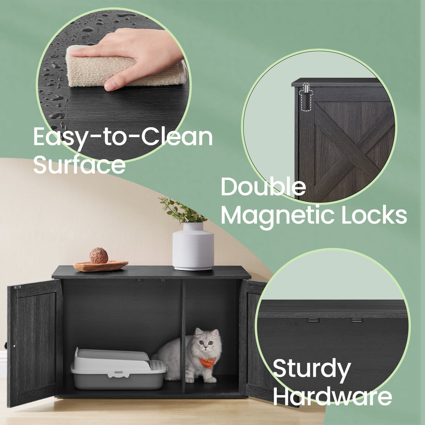 Cat Litter Box Furniture Enclosure, Hidden Washroom with Removable Divider & Barn Doors, Multi-Functional End Table for Indoor Cats, 31.5" x 20.9" x 19.7", Ink Black