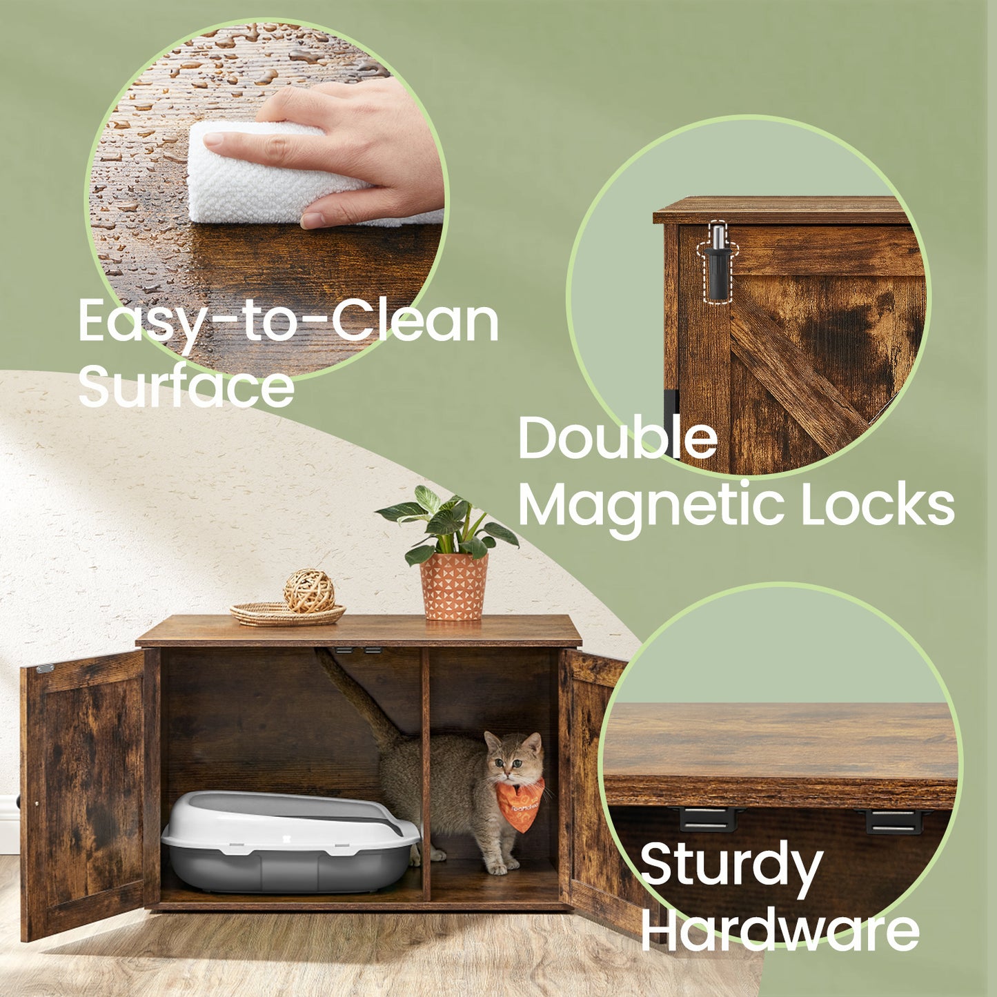 Cat Litter Box Furniture Enclosure with Barn Doors & Adjustable Space, Multi-Functional End Table for Indoor Cats, 31.5x20.9x19.7in, Rustic Brown