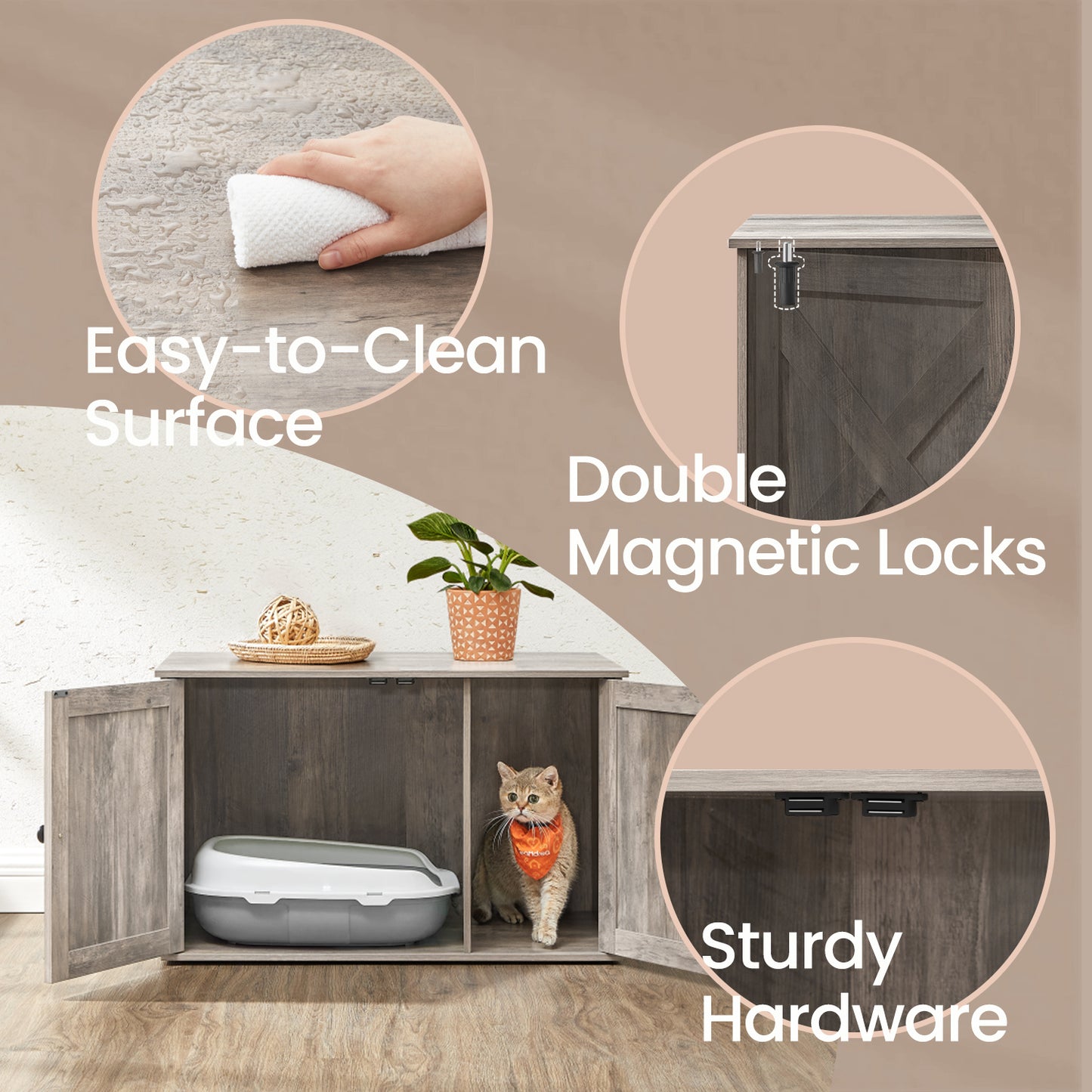 Cat Litter Box Furniture - Hidden Enclosure with Barn Doors & Removable Divider, Multi-Functional End Table for Indoor Cats, 31.5" x 20.9" x 19.7", Greige