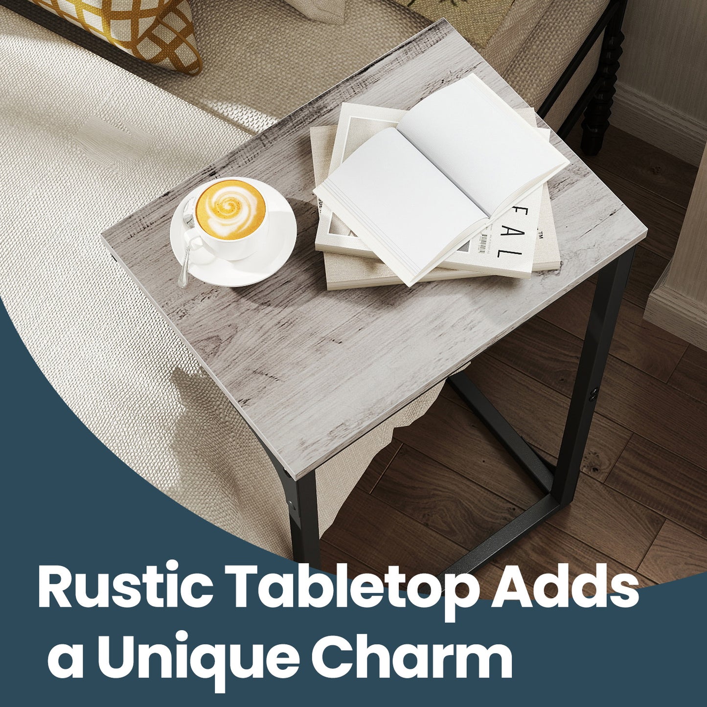 C-Shaped End Table - Sofa Side Table with Metal Frame, Space-Saving Design, 26.3" Height, Greige and Black