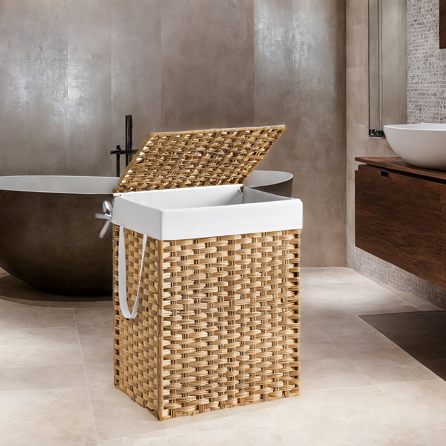 Foldable Laundry Hamper with Removable Liner & Lid – 23.8 Gallon (90L) Synthetic Rattan Basket, Handles for Easy Carry, Space-Saving Design, Fits Bathroom，Bedroom, Goose Yellow
