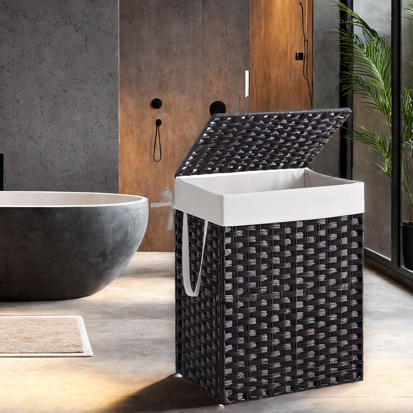 Foldable Laundry Hamper with Removable Liner & Lid – 23.8 Gallon (90L) Synthetic Rattan Basket, Handles, Space-Saving for Bedroom，Bathroom, Black