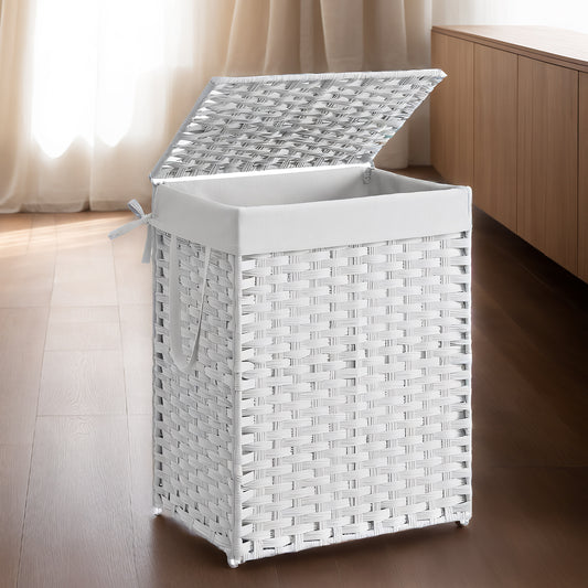 Foldable Laundry Hamper with Removable Liner & Lid – 23.8 Gallon (90L) Synthetic Rattan Basket, Handles, Space-Saving for Bedroom，Bathroom, Machine-Washable, Cloud White