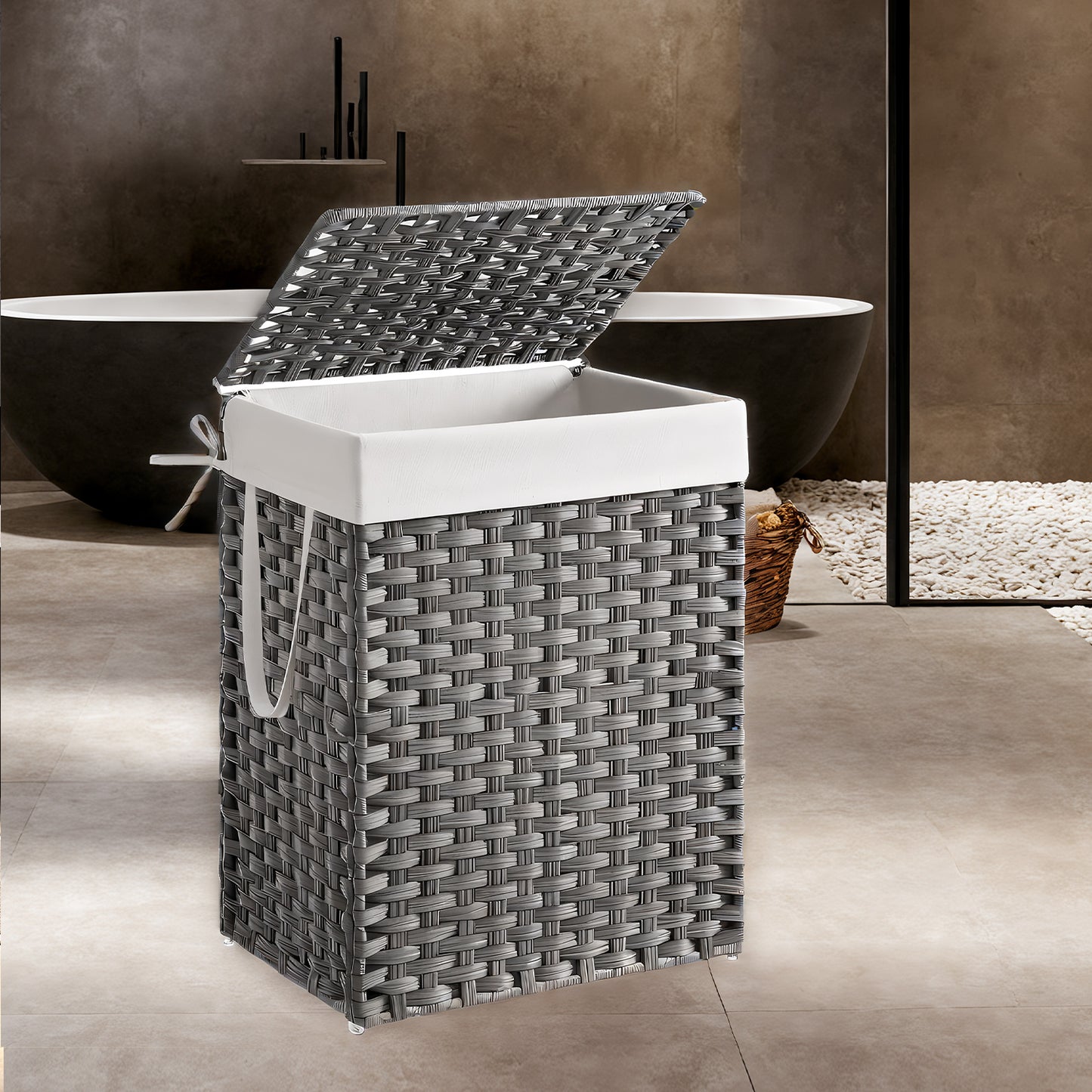 Foldable Laundry Hamper Basket with Removable Liner & Lid, 23.8 Gallon (90L) Waterproof Synthetic Rattan, Space-Saving for Bathroom，Bedroom, Handles for Easy Carry, Dove Gray
