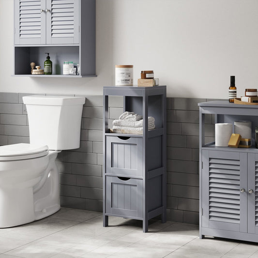 Corner Bathroom Cabinet with 2 Drawers & Open Shelf - 35" Tall Storage Organizer, Freestanding Design, Space-Saving, Grey