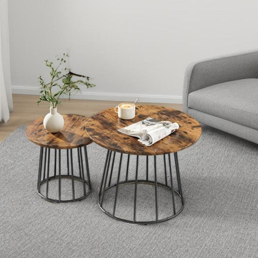 Set of 2 Round Coffee Tables, Modern Nesting Side Tables with Steel Frame, for Living Room & Bedroom, Rustic Brown