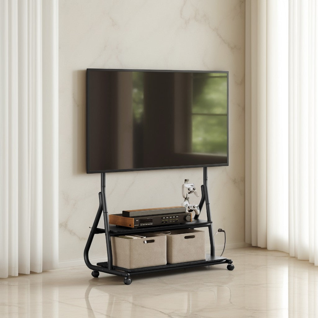 Mobile TV Stand with Wheels, Height-Adjustable Rolling Cart for 72-Inch TVs, 3 Power Outlets & Storage Shelves, Ink Black & Ebony Black