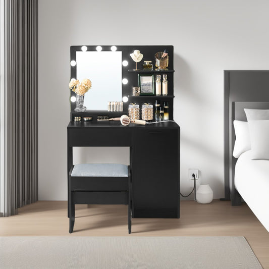 Vanity Desk Set with LED Mirror & Power Outlets, 35.4 Inch Makeup Table with Stool, Drawer, Cabinet & 3 Shelves, Charging Station for Bedroom, Ink Black