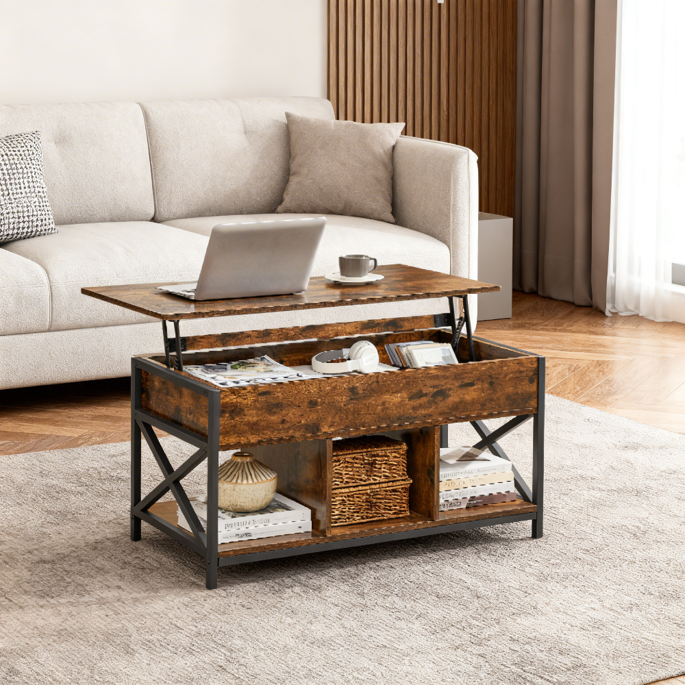 Lift Top Coffee Table with Storage Shelf, 39.4 Inch Industrial Lift Table with Hidden Compartment, Rustic Brown and Black