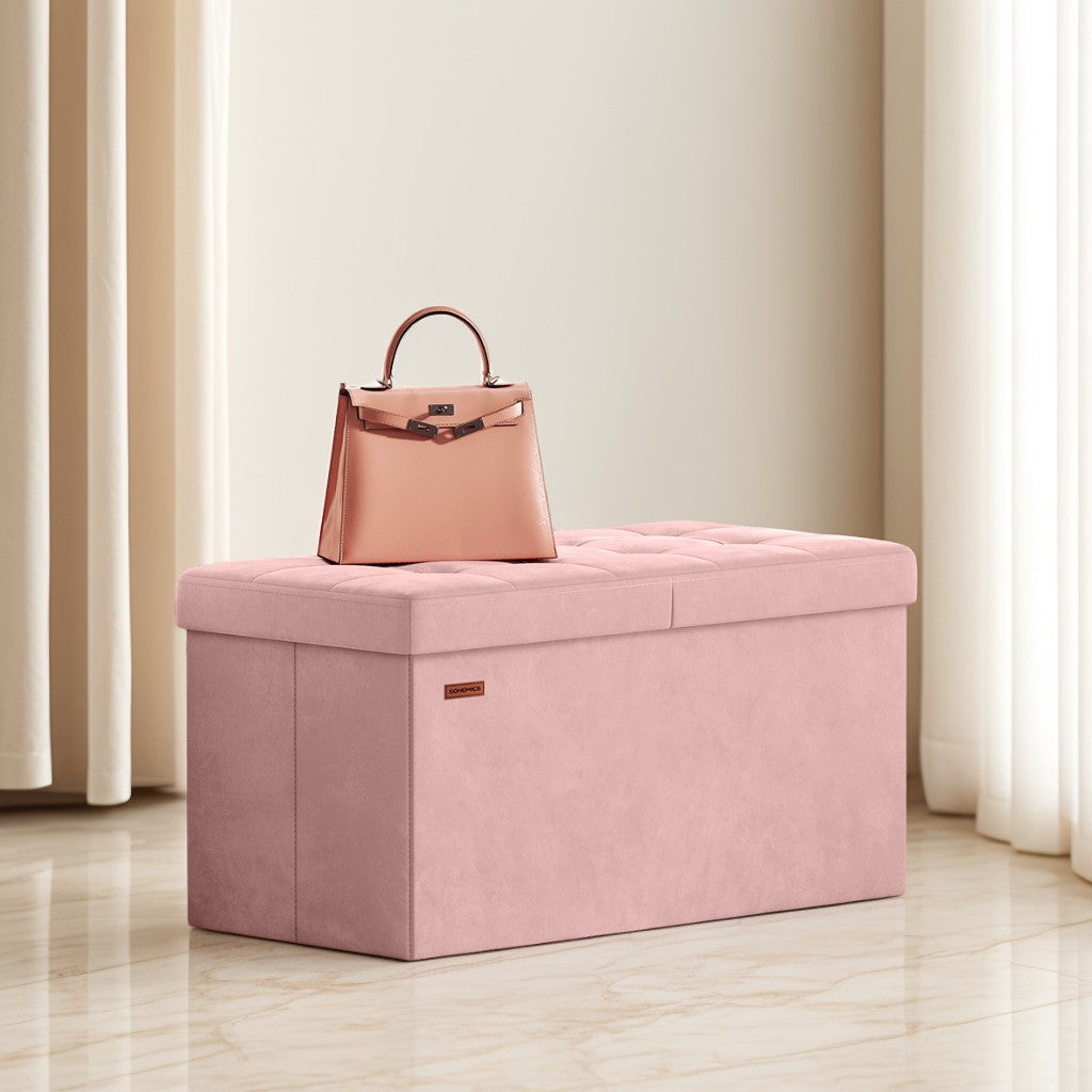 30-Inch Foldable Storage Ottoman Bench with Flipping Lid, Velvet Fabric, 24-Gallon Storage, 660 lb Capacity, Jelly Pink